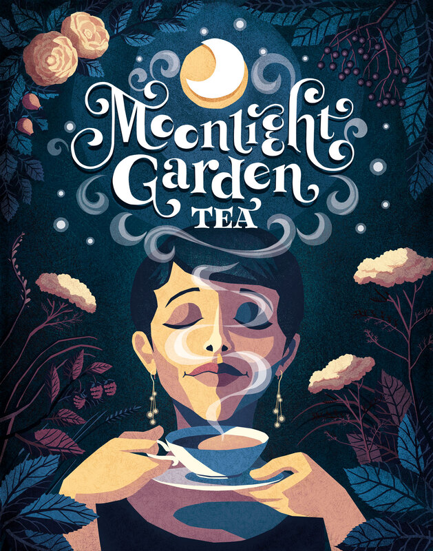 An illustrated woman enjoying a cup of tea in a wildflower garden in the moonlight, a lettering is integrated into the tea steam she smells. 