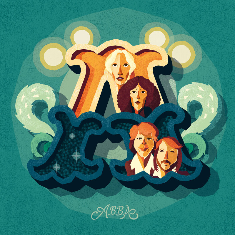 Decorative capital letter A with caricatures of the band ABBA