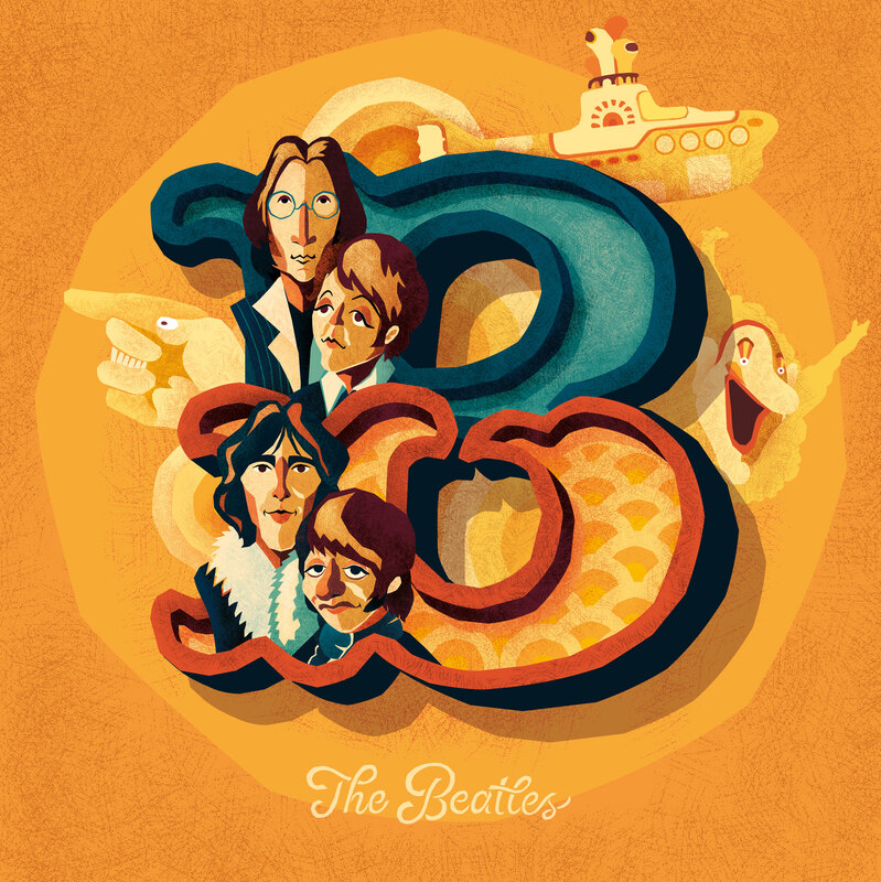Decorative capital letter B with caricatures of the Beatles