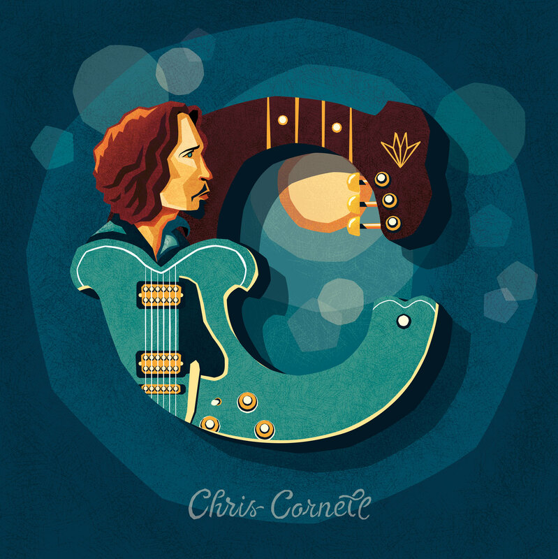 Decorative capital letter C with a caricature of singer songwriter Chris Cornell