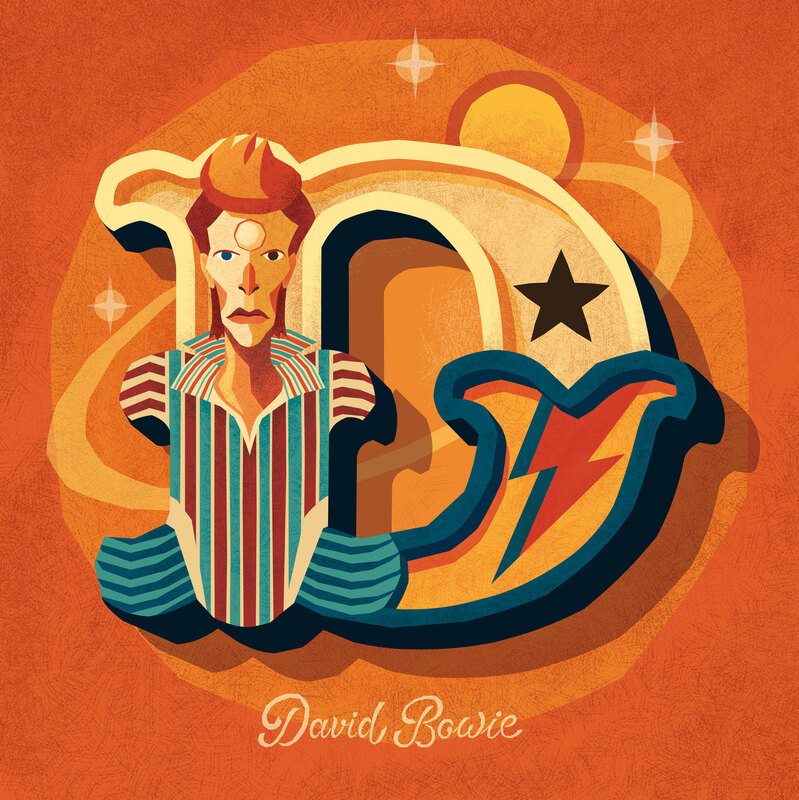 Decorative capital letter D with a caricature of singer songwriter David Bowie as Ziggy Stardust