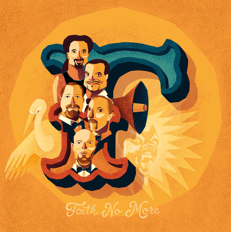 Decorative capital letter F with caricatures of the rock band Faith No More