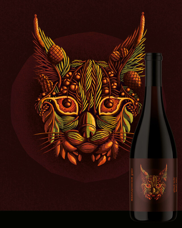 Head of a Lynx put together out of plants, seeds, fruits and leaves, for a red wine label from North Macedonia 