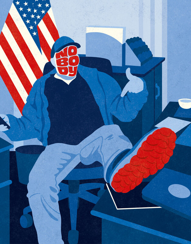 Satirical illustration of a capitol rioter who took a seat in Nancy Pelosi's office on Jan. 6