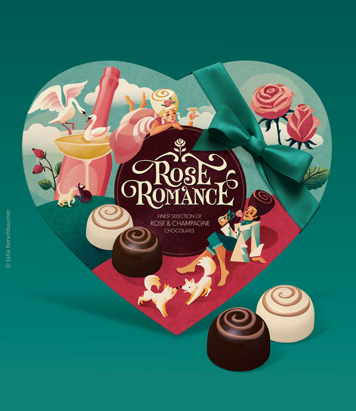 Box of Chocolates with an illustration in bold retro colors with the hand lettered logo Rose Romance and a romantic scene with two lovers, roses, dogs, champagne, swans and cats