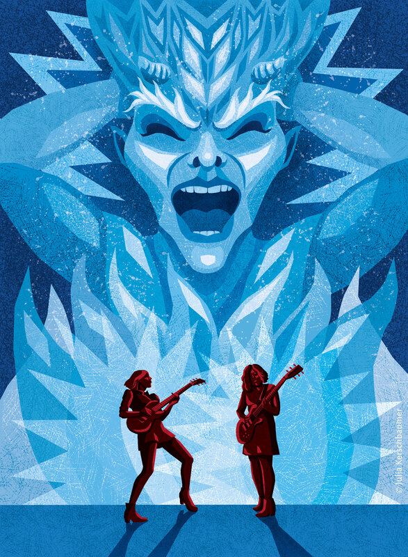 Full illustration of Rolling Stone Magazine review page about indie rock band Sleater-Kinney's new album, depicting the band and a screaming ice devil, illustrated by Julia Kerschbaumer