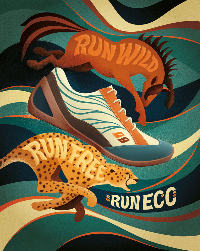 Running shoe with running horse and cheetah on wavy background