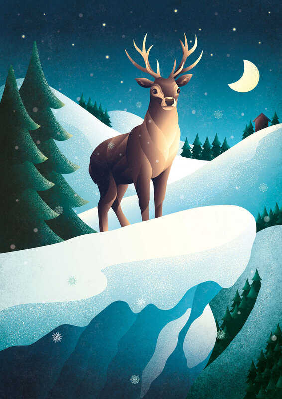 An illustrated deer poses in the wintry forests of Austria