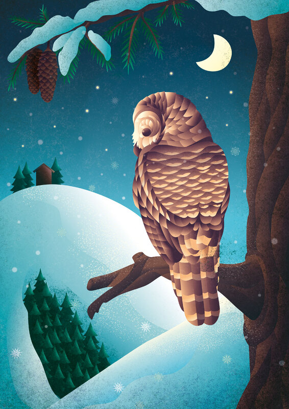 An illustrated owl sits on a branch looking over a winterly forest hill