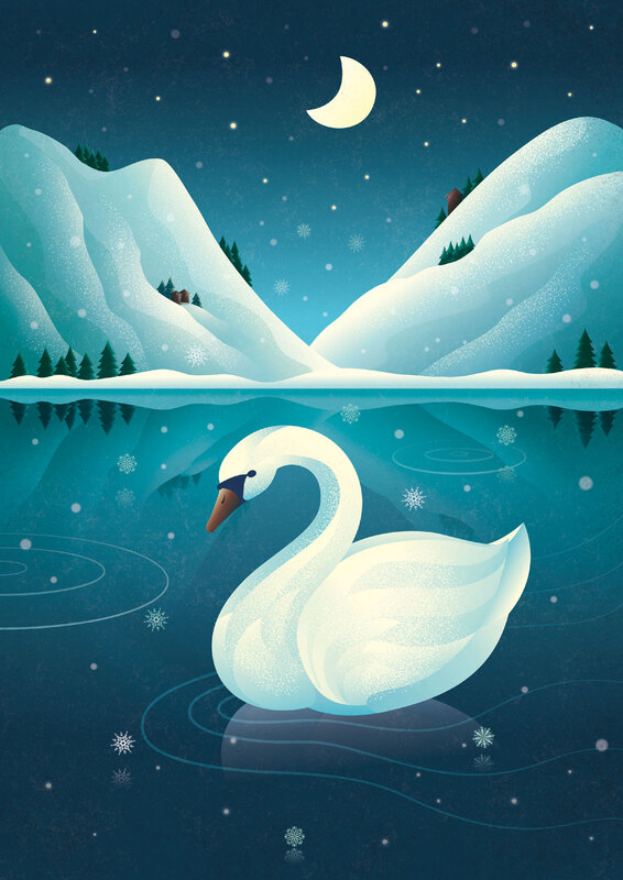 illustrated swan swimming in a lake in a winterly landscape in Austria