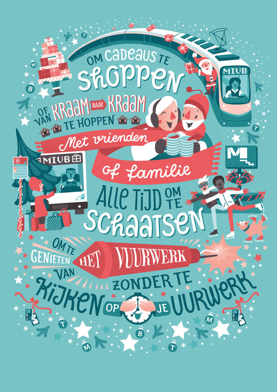 Christmas time poster for the public transport service STIB-MIVB in Brussels with hand lettering and winterly illustrations
