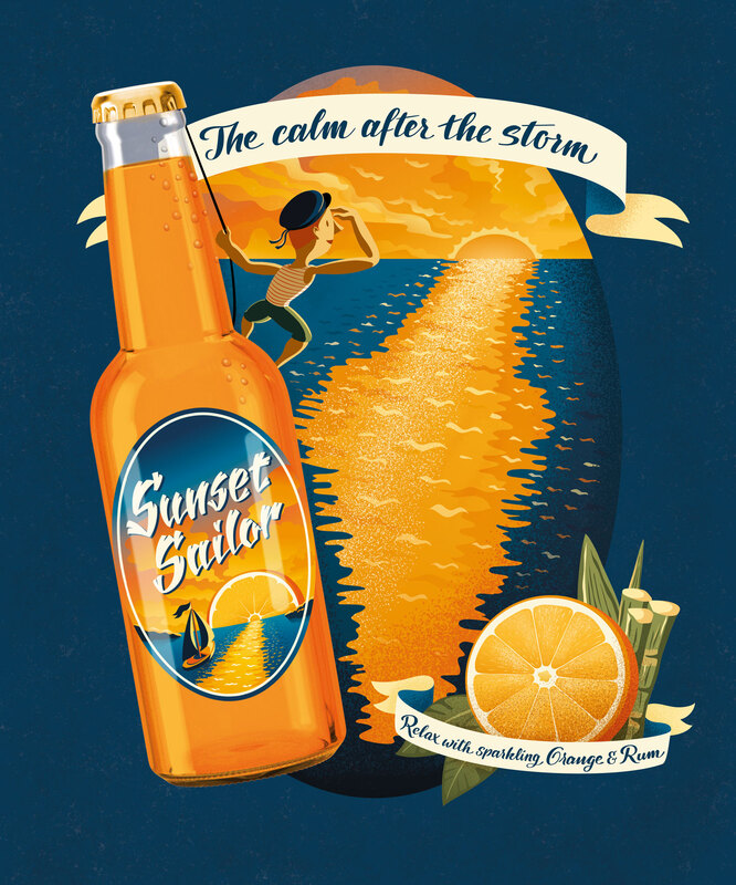 A sailor on a bottle neck of an orange alcopop looks into the sunset reflected in the ocean water in the shape of a bottle