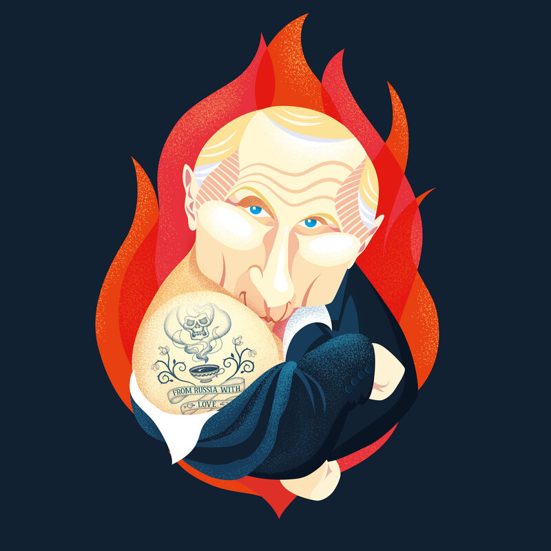 Satirical Vladimir Putin caricature, the hottest man alive, with a tattoo of poisoned tea and a banner From Russia with love