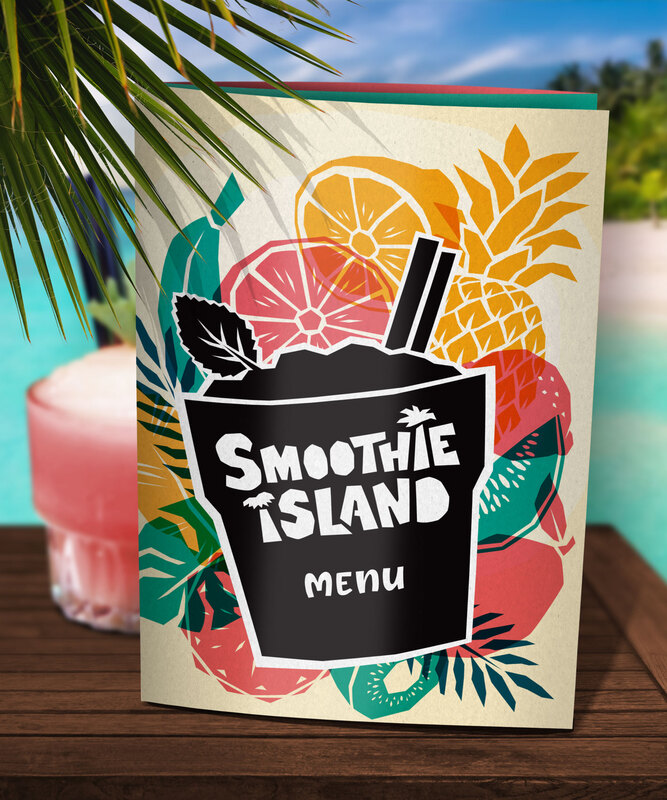 Smoothie Island Cocktail Menu with illustrated tropical fruits on a sunny beach