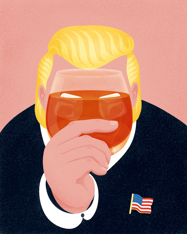 Illustration for Whiskeria Magazine of D.Trump holding a glass of whiskey up his face, the ice cubes look like evil eyes.