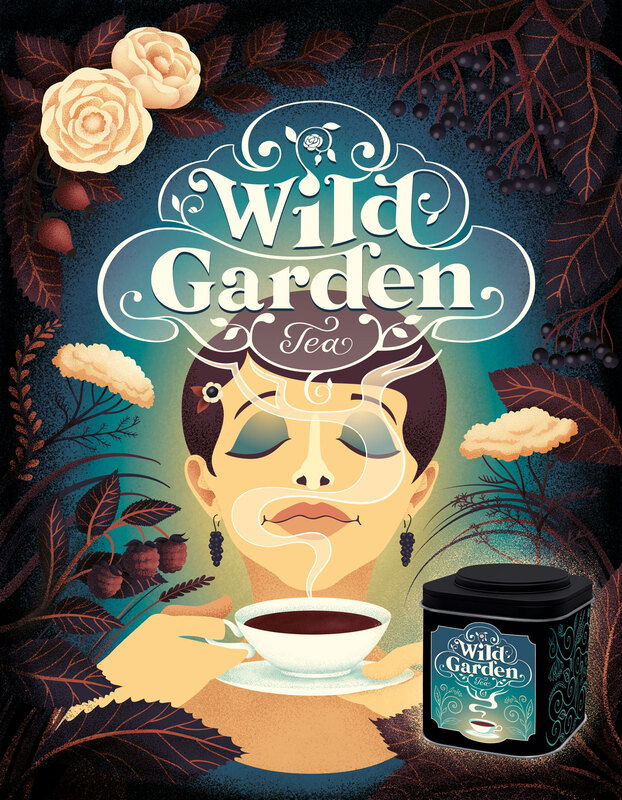 Illustrated woman enjoying a cup of tea in a wildflower garden, writing integrated into the tea steam she smells