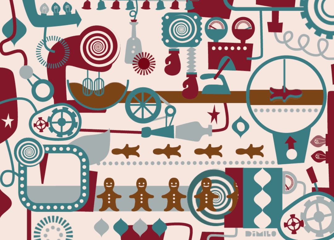 Holiday, Gingerbread man, cute, limited palette, art in motion, Christmas, funny machine, cookies, vintage