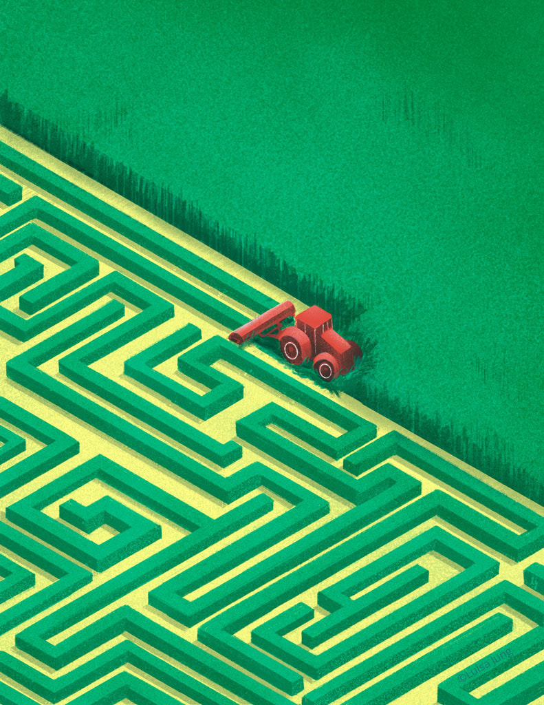 a tractor building a maze as it works the field.