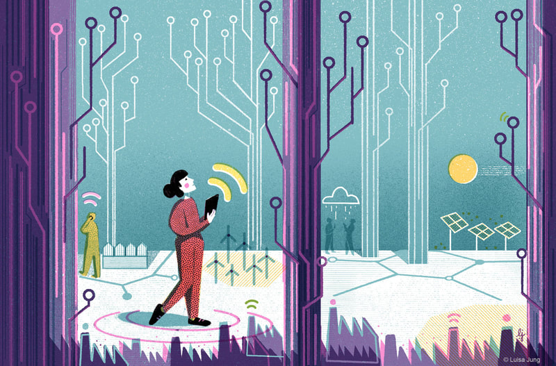a woman walking through a digital forest