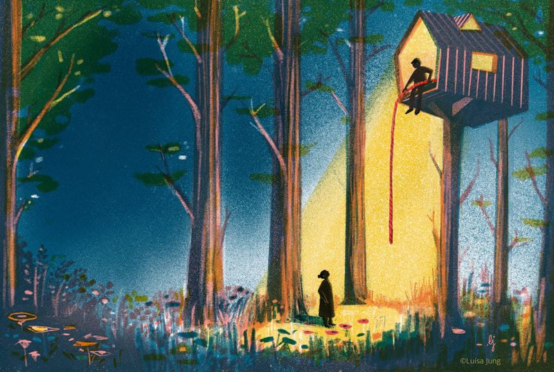 a girl looking up at a tree house where a boy is lowering a rope for her to climb