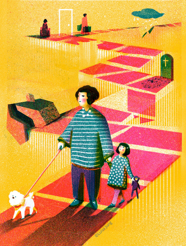 a woman walking with a girl and dog through a path full of difficulties