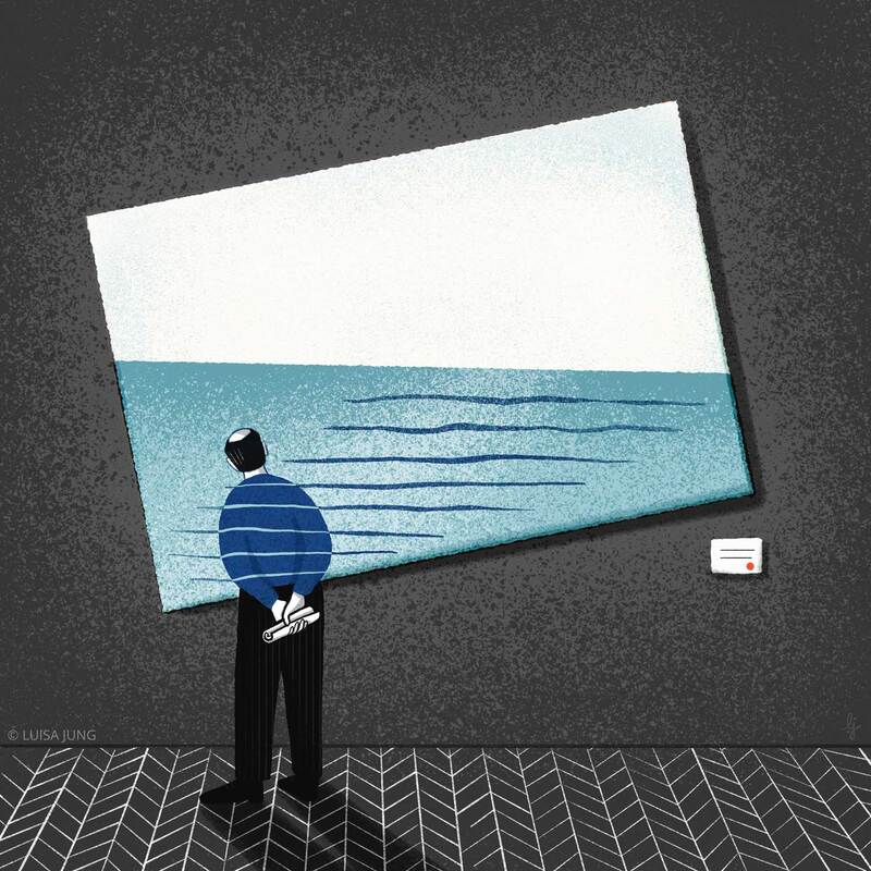 a man looks at a tilted painting of an ocean