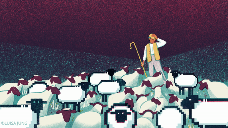 animation of a pastor looking at his herd consisting of both normal an digital sheep 