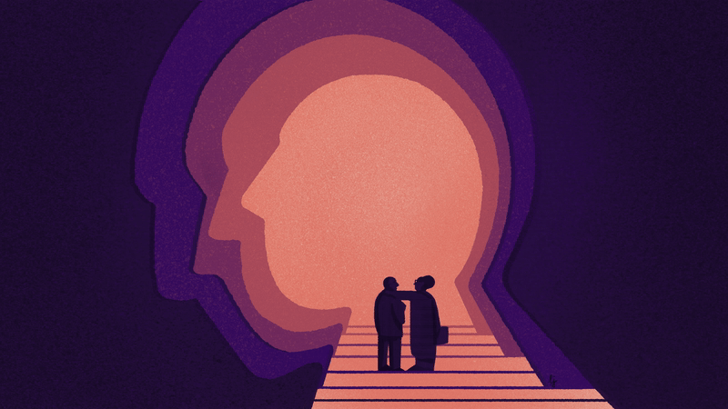 animation of two people talking in a tunnel shaped like a man's profile. 