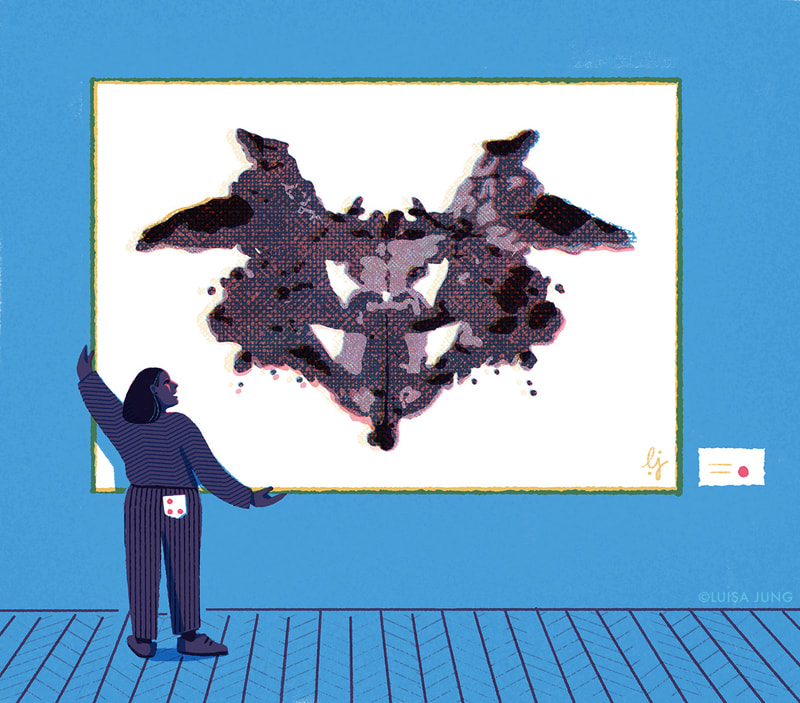 A woman unhanging a picture of Rorschach's test she just bought