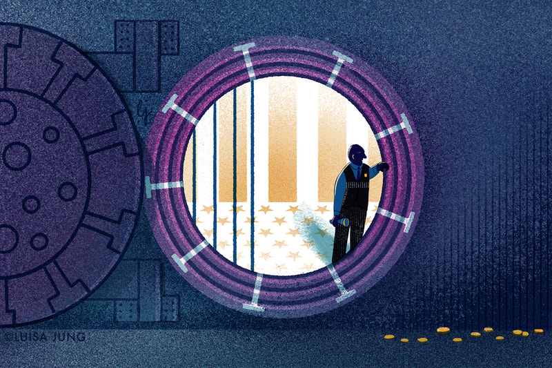 An investigator stading in an open, empty vault. Some coins are lying on the ground.
