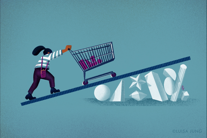 animation of a woman trying to push a shopping cart in a steep slope.