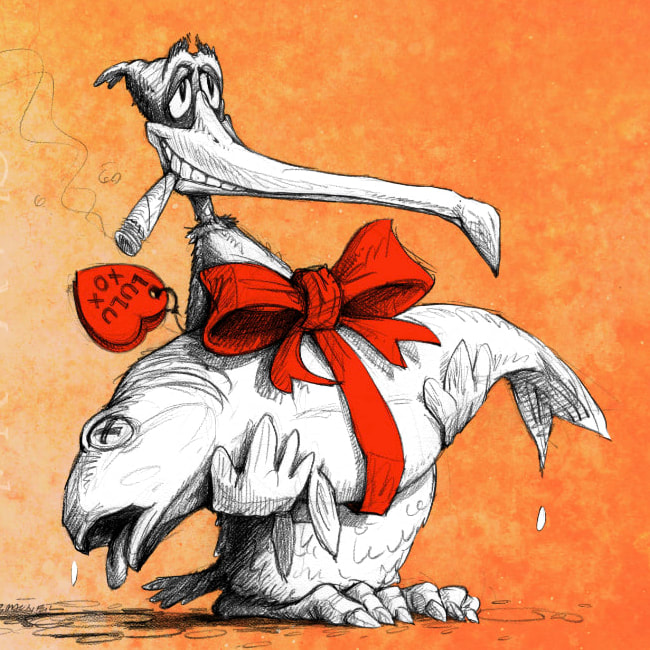 An illustration of a cigar-smoking bird presenting dead fish as a valentines gift. The image is a link to Christopher MacNeil's humorous editorial, humorous, and conceptual illustration portfolio.