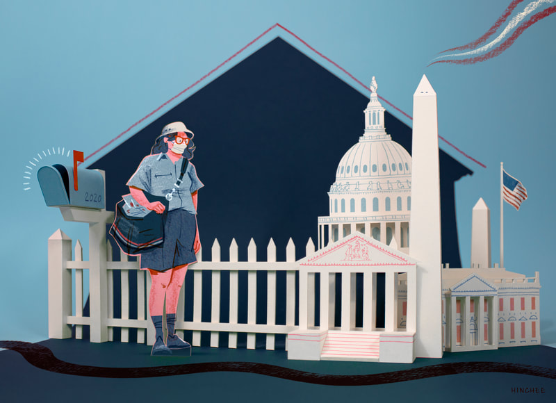 A suburban picket fence and a mailbox transition into monuments of Washington DC while a postal worker collects mail in ballots
