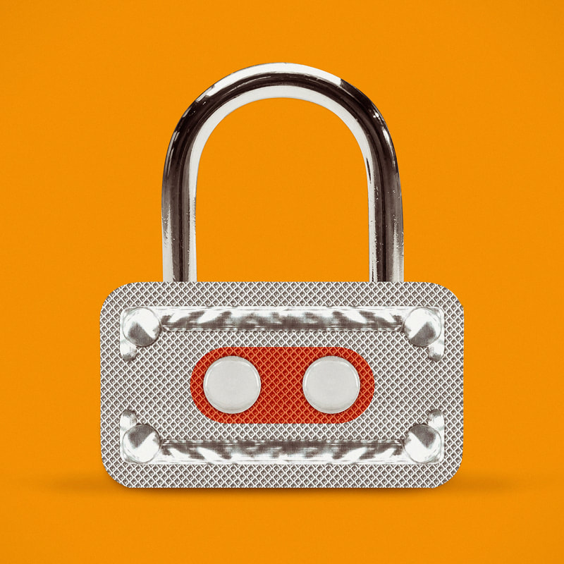 An illustration by Mariaelena Caputi of an abortion pill blister pack that becomes a closed padlock.