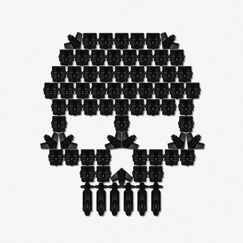 An illustration by Mariaelena Caputi of a skull made from several military elements such as tanks, planes and submarines.