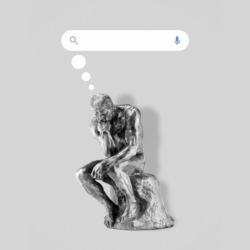 An illustration by Mariaelena Caputi in which Rodin's Thinker entrusts his memories to Google Search.