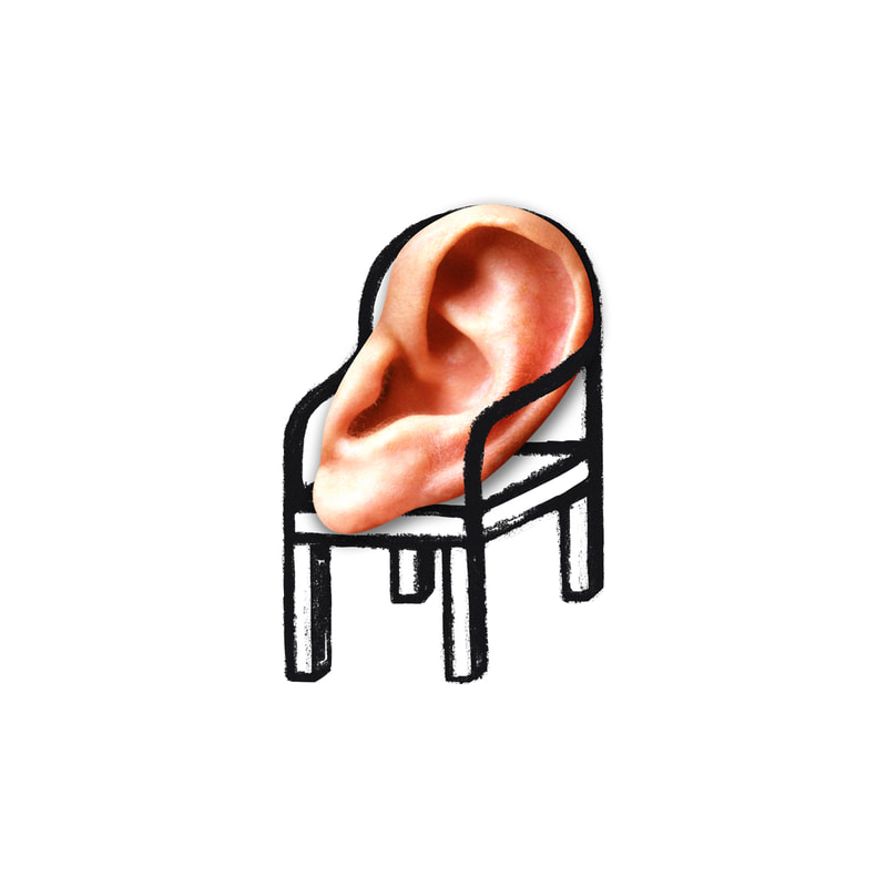 An illustration by Mariaelena Caputi of an ear sitting on a chair.