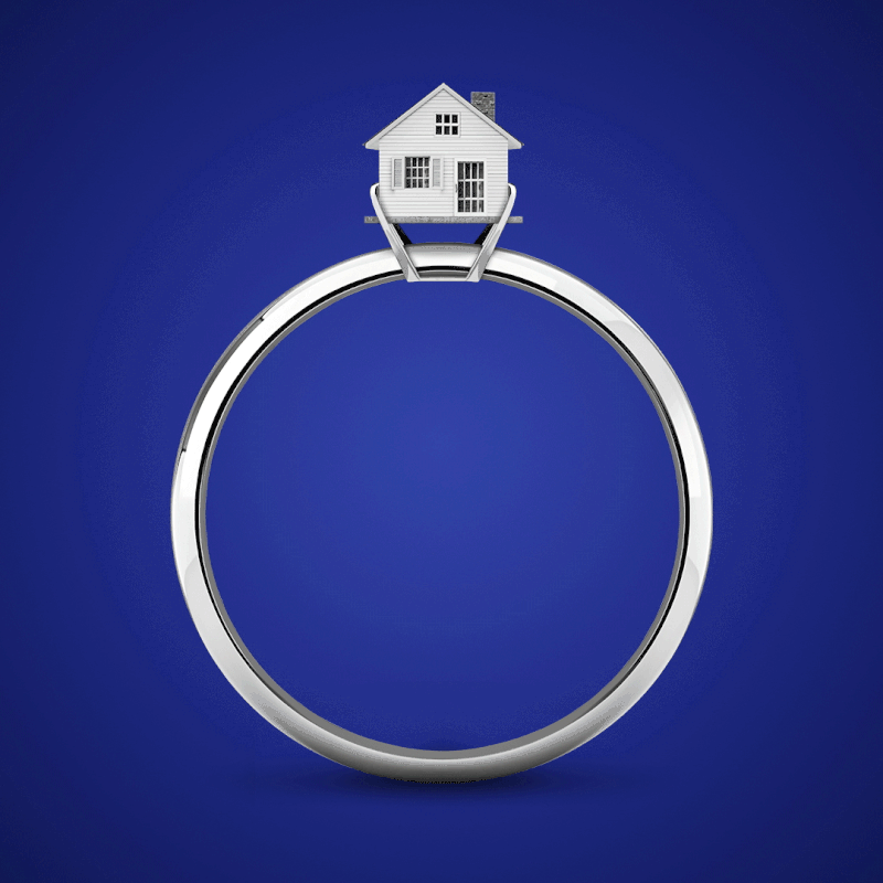 An illustration and animation by Mariaelena Caputi of a wedding band in which the diamond is replaced by a sparkling house.