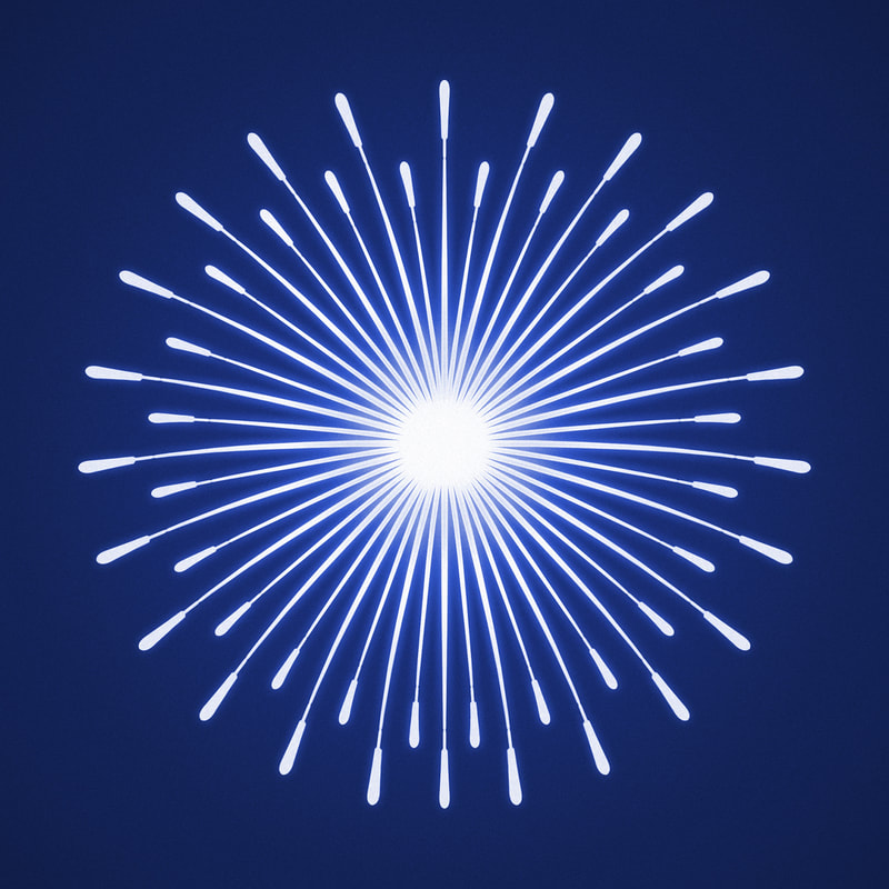 An illustration by Mariaelena Caputi of a fireworks, radial sun made of covid 19 testing swabs.