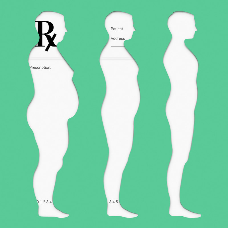 An illustration by Mariaelena Caputi showing the silhouettes of a man who becomes thin from obese. While a doctor's prescription appears within the silhouettes of the obese man and the overweight man, symbolizing the state of illness in which the subject pours, it is not visible within the silhouette of the thin man.