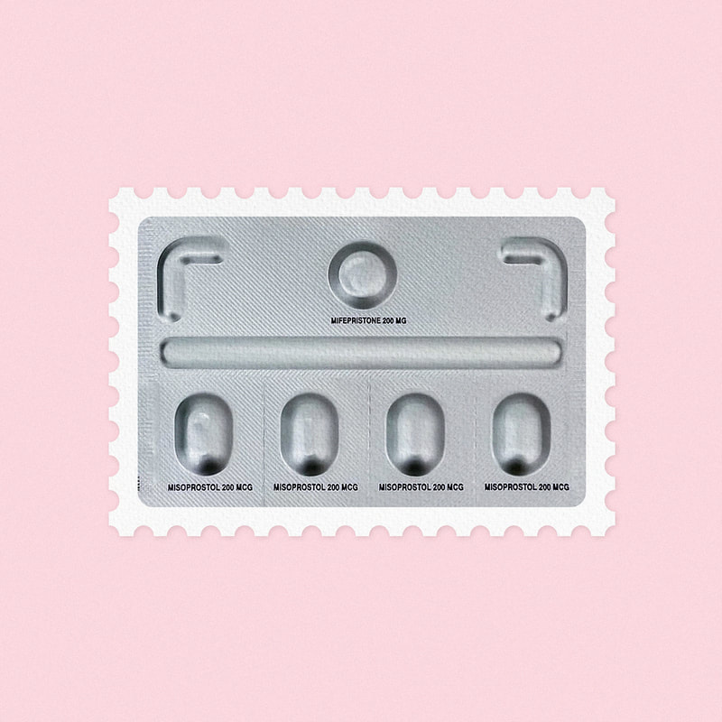 An illustration by Mariaelena Caputi of a stamp made from a packet of mifepristone and misoprostol.
