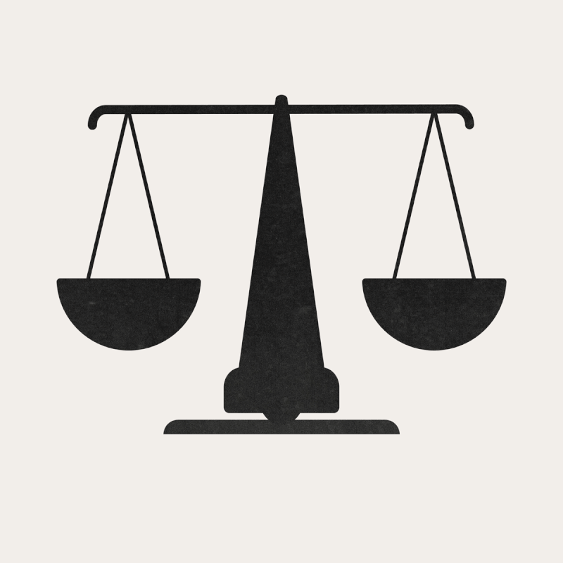 An illustration by Mariaelena Caputi of a scale - a metaphor for the legal system - with the appearance of a face that becomes sad and disappointed.