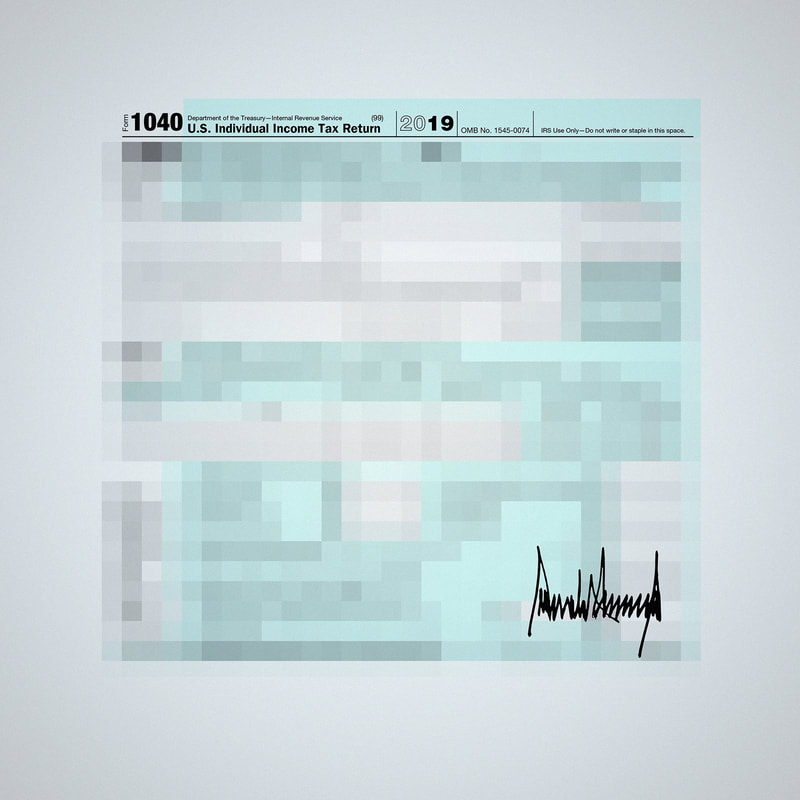 An illustration by Mariaelena Caputi of a concealed tax return form signed by Trump.