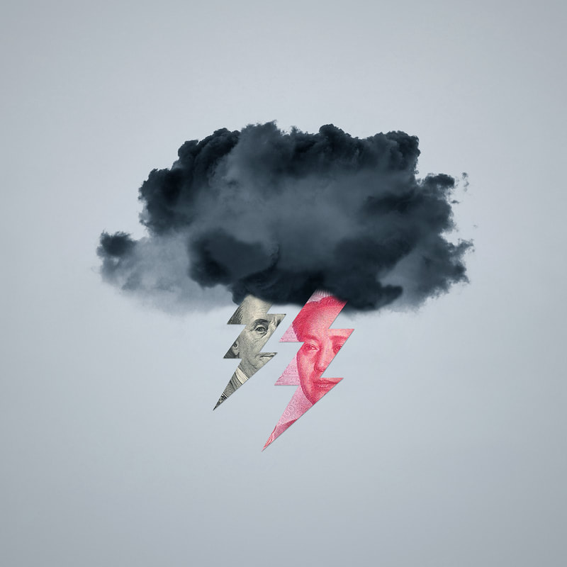 An illustration by Mariaelena Caputi of a grey cloud thundering lightning bolts of dollars and yuan.