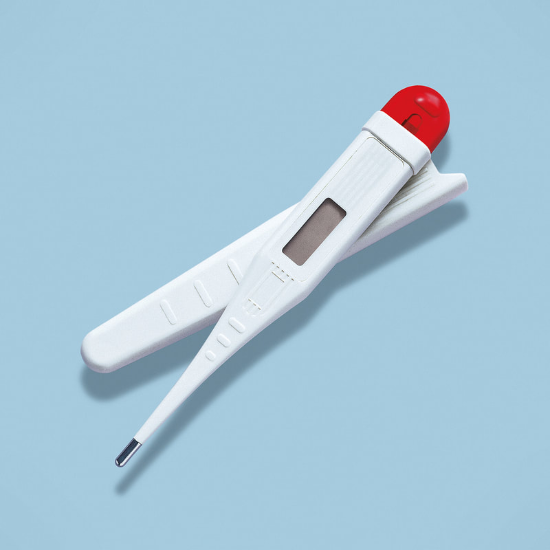 An illustration by Mariaelena Caputi of a thermometer equipped with an alarm siren.