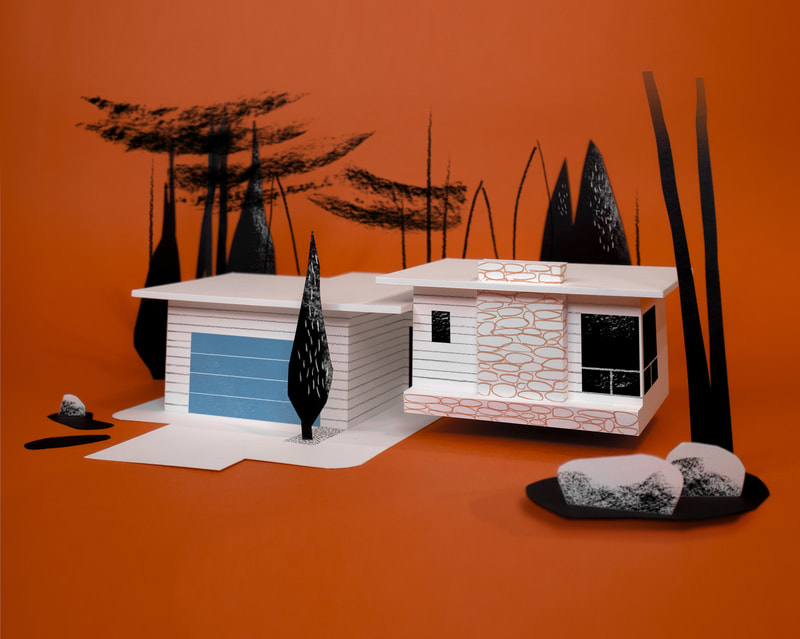 A midcentury house made of white paper surrounded by black trees on a red background.