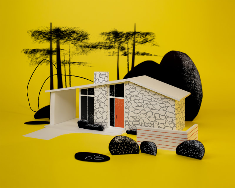 A midcentury house made of white paper surrounded by black trees on a yellow background.