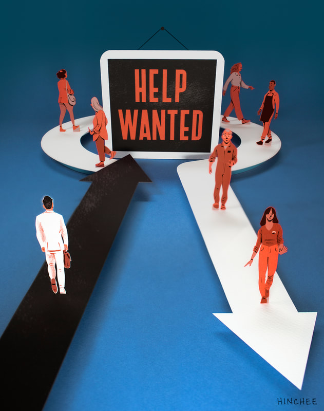 A line of potential employees circle a "help wanted" sign