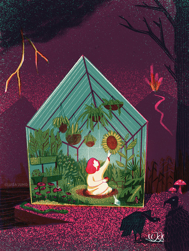 a woman inside a cosy green house surrounded by a dark and dangerous landscape 