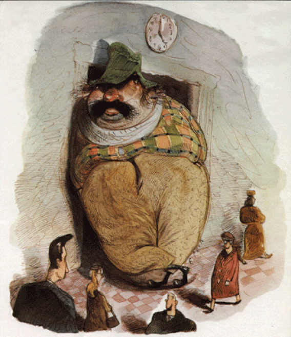Lumberjack resting in doorway with clock and people walking editorial illustration by Everett Peck.